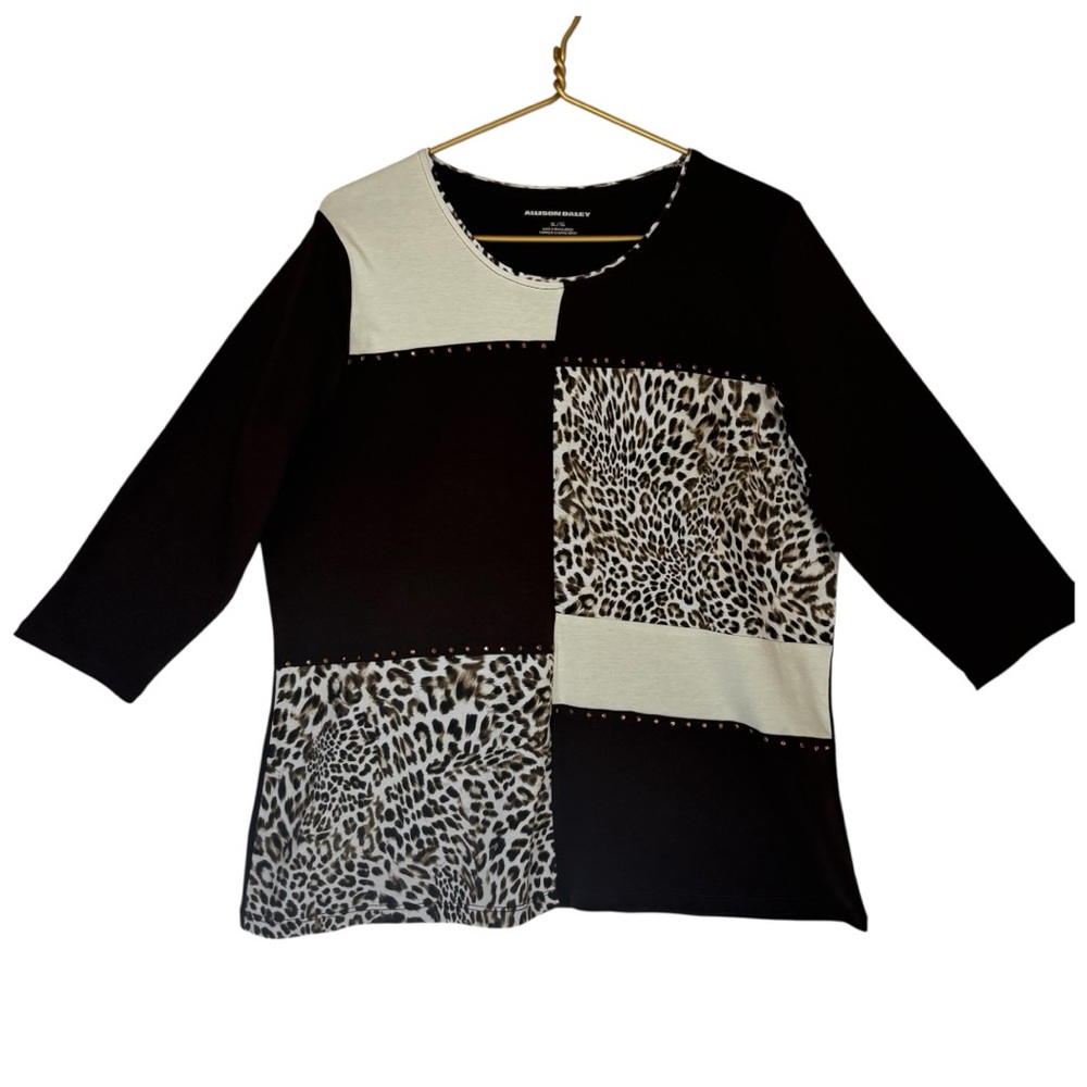 Allison Daley Brown Leopard Animal Print Colorblock Top 3/4 Sleeve XL NWT